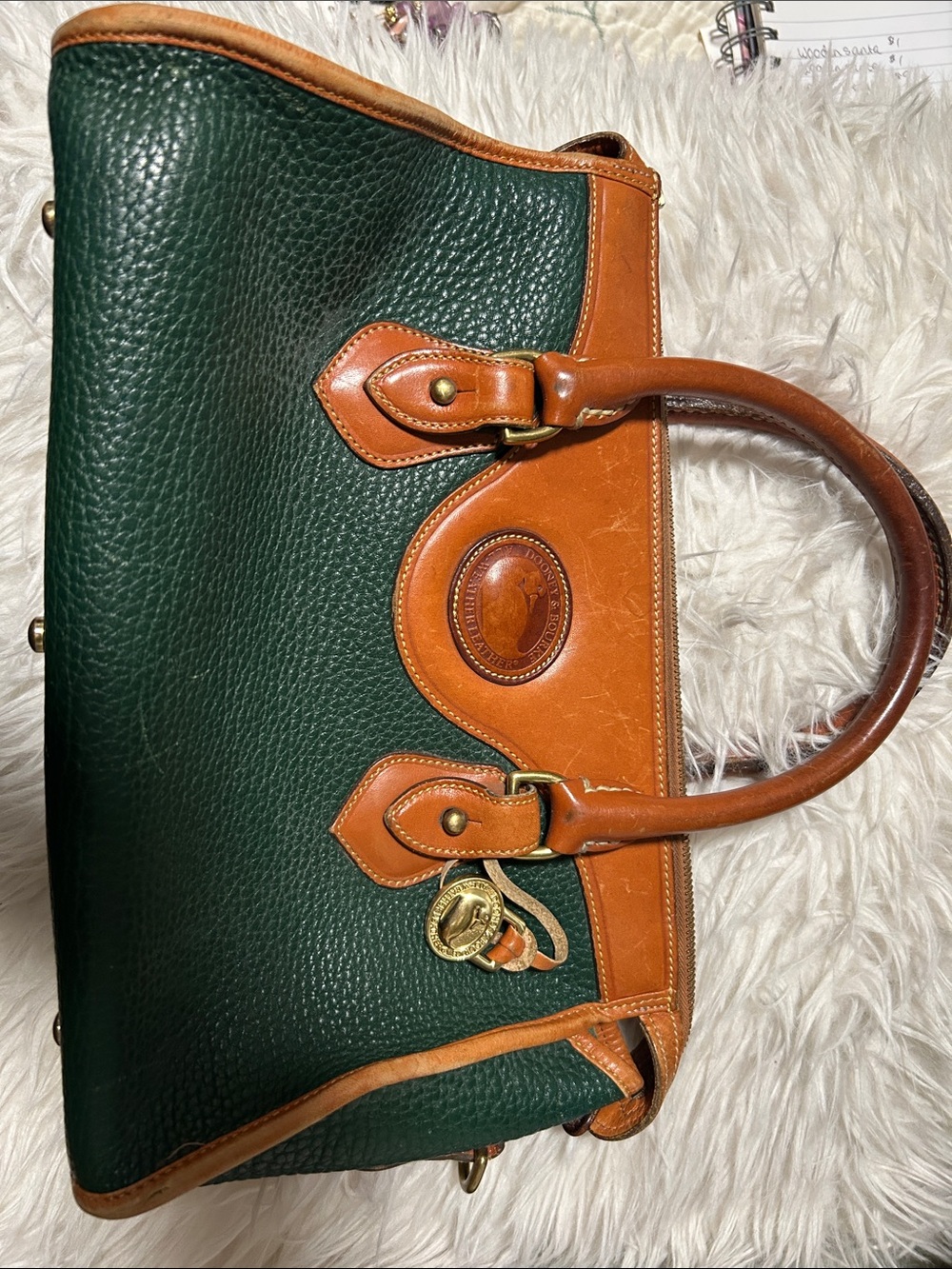Dooney & Bourke Forest Green Pebbled Leather Satchel with Tan Trim